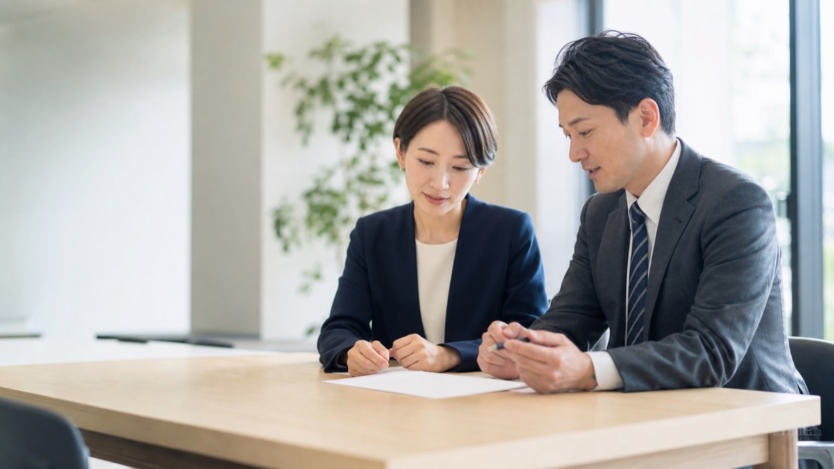 同じ資料を見ながら話す顧客と営業担当