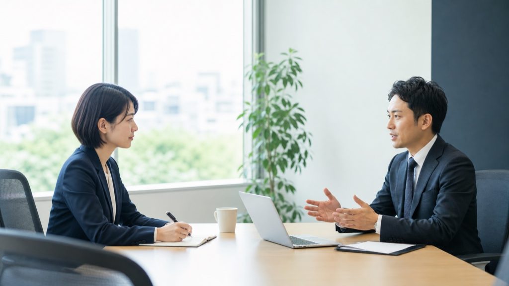 商談の冒頭で向かい合って話す営業担当と顧客