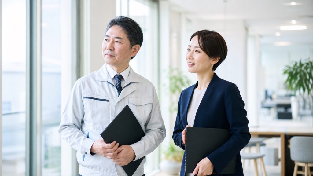 同じ方向を見ながら並んで話す顧客と営業担当