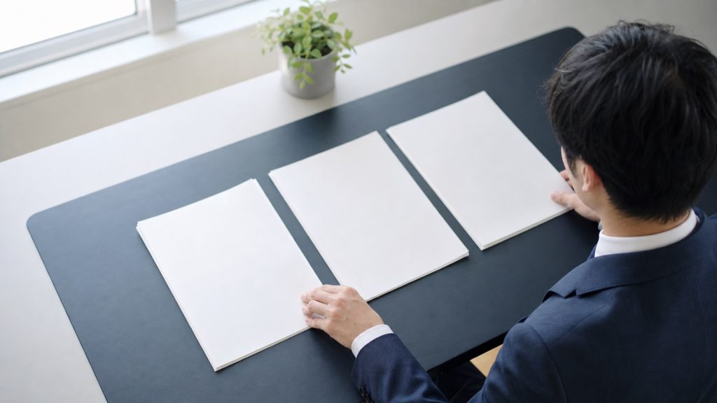 商談前に複数の資料を並べて準備する営業担当