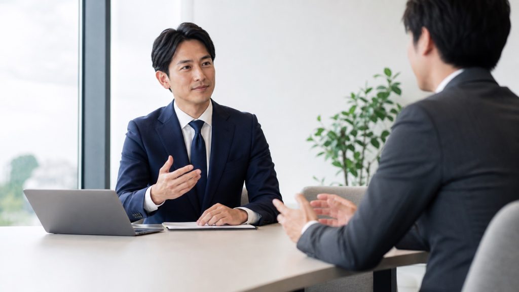 商談の冒頭で論点を確認する営業担当