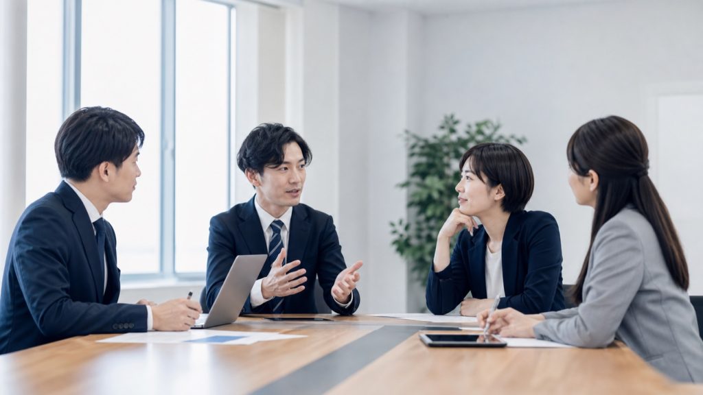 案件レビューで議論する営業チーム