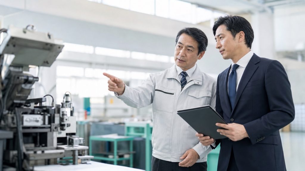 製造現場で設備を前に話し合う工場責任者とコンサルタント